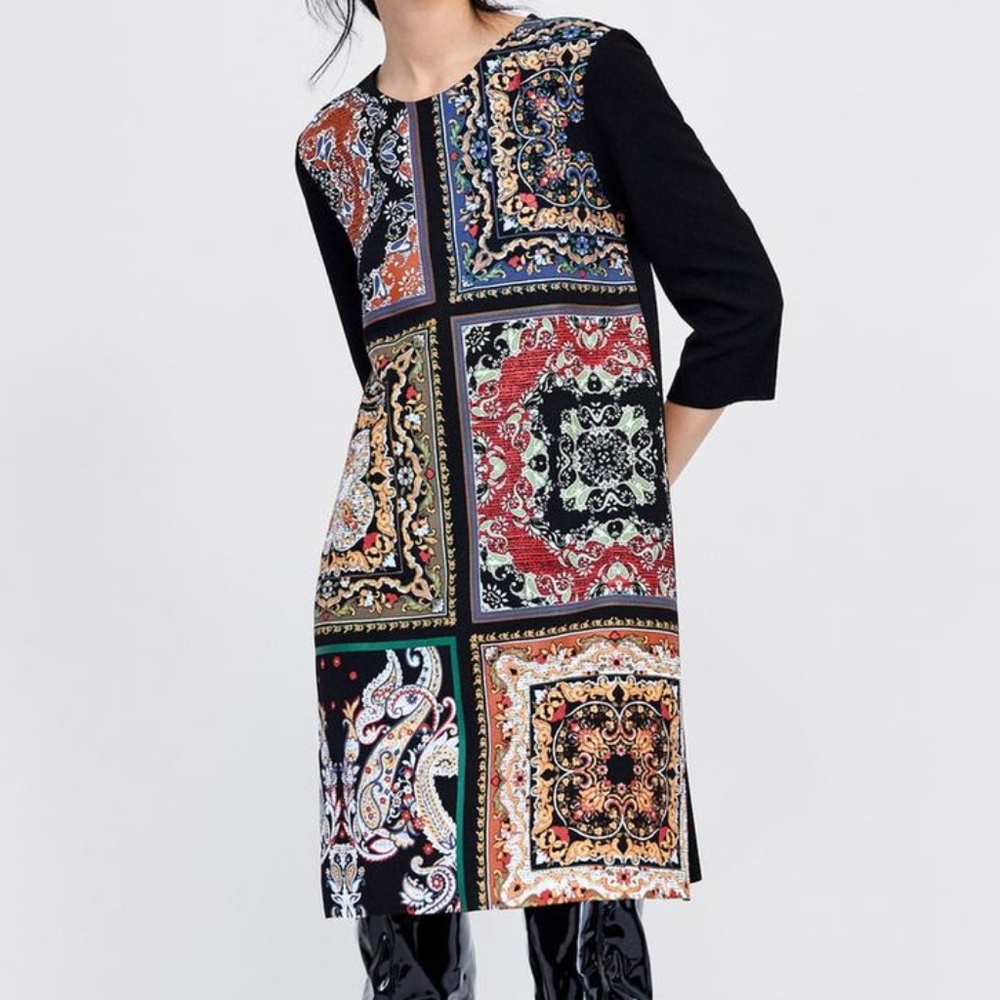 P17.5"-19" Black and Multicolor Patchwork Print 3/4 Sleeve Pullover Dress